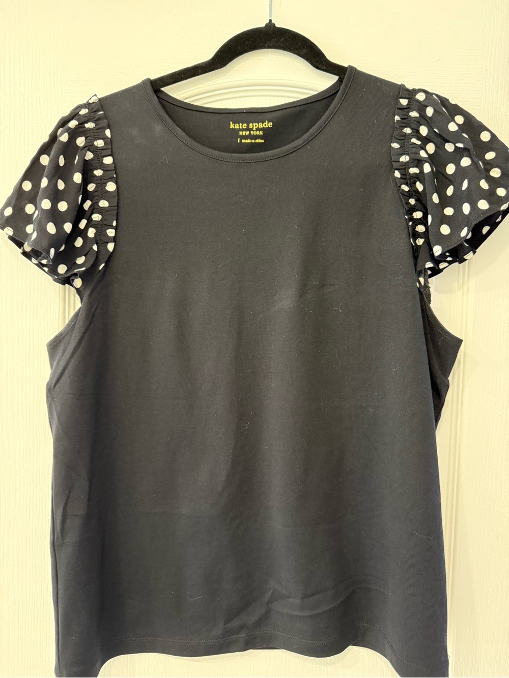 kate spade Black Tee with White Polka Dot Puff Sleeves